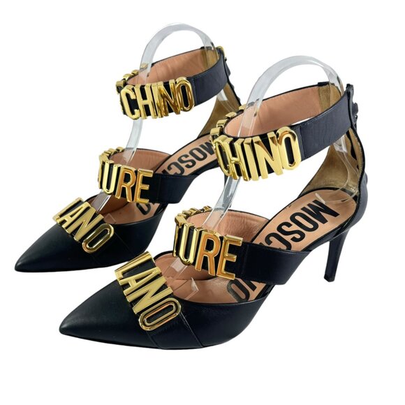 $890 MOSCHINO Milano Black Leather Logo Letter Strappy Sandals Italy 36 - 6US - Picture 2 of 12
